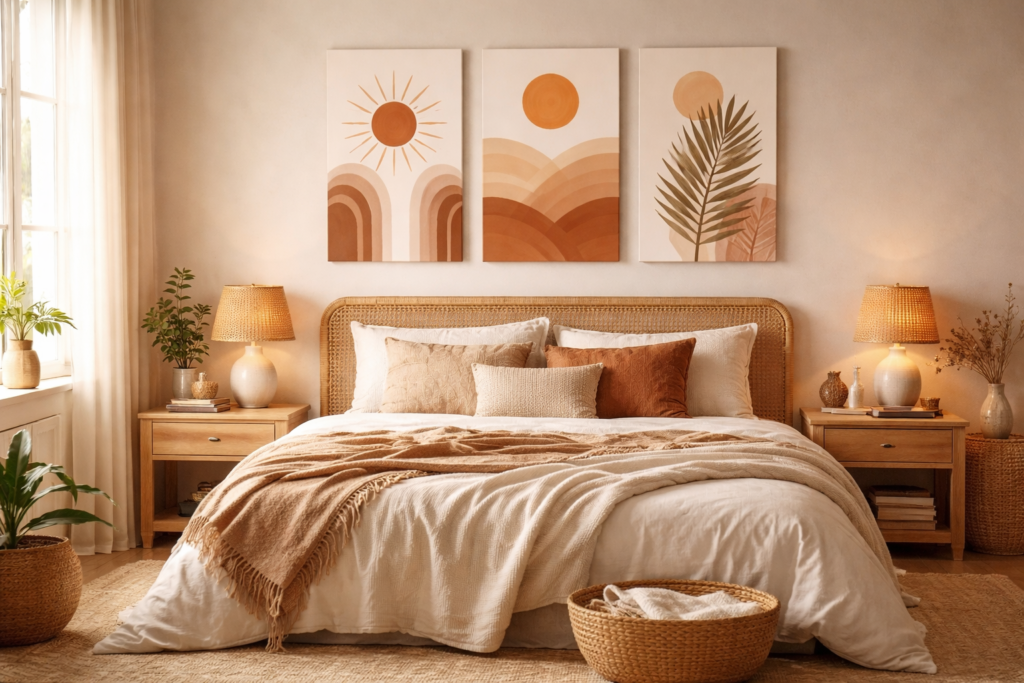 bohemian bedroom with earthy tones