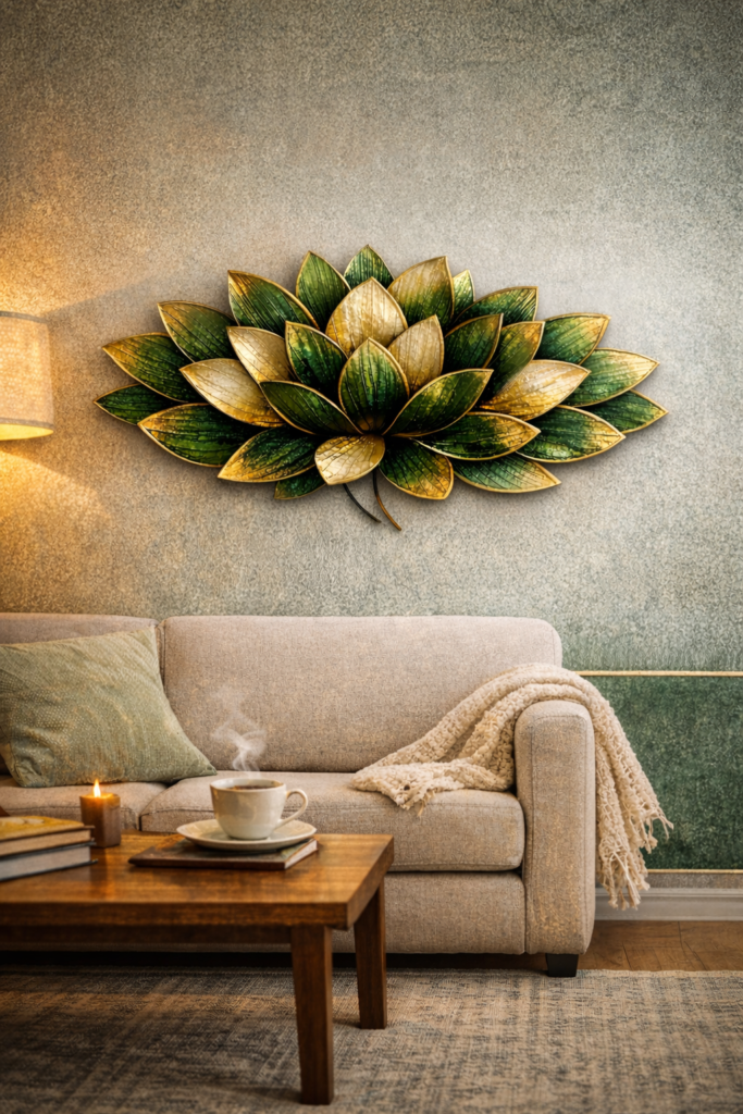 Large green and gold 3D lotus metal wall art above a beige sofa in a modern living room with cozy decor and warm lighting.