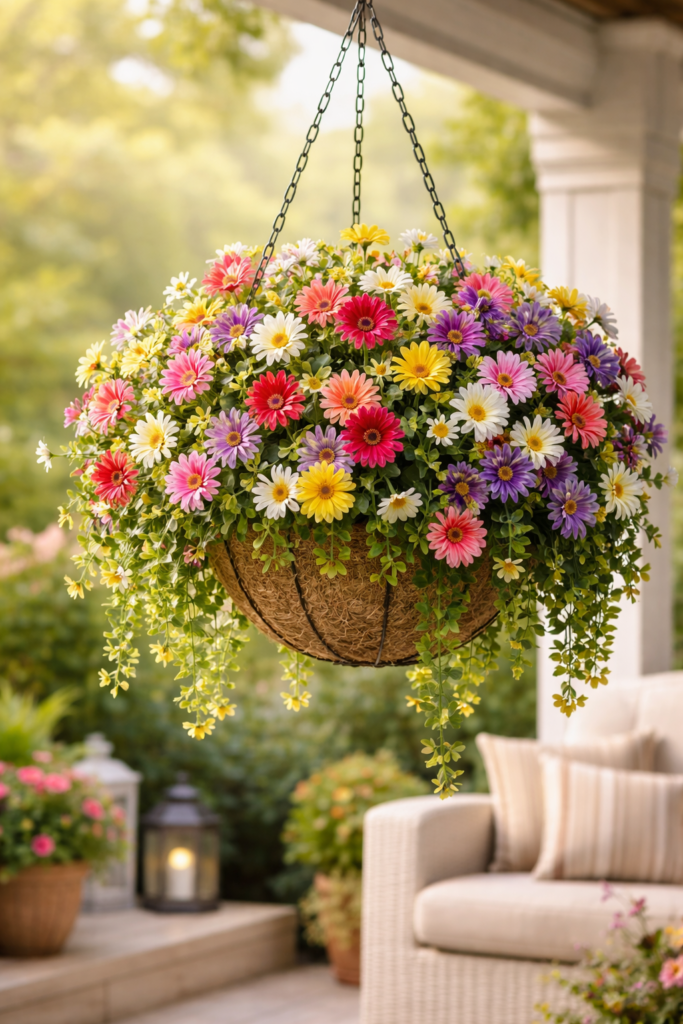 colorful hanging basket on porch