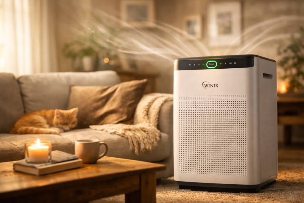 cozy living room with air purifier