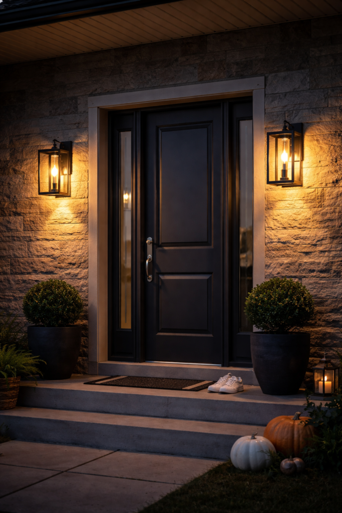 inviting entrance with lanterns at twilight
