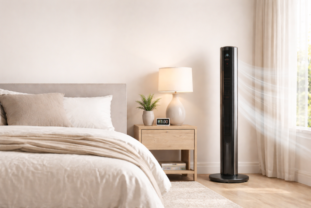 modern bedroom with sleek tower fan (1)