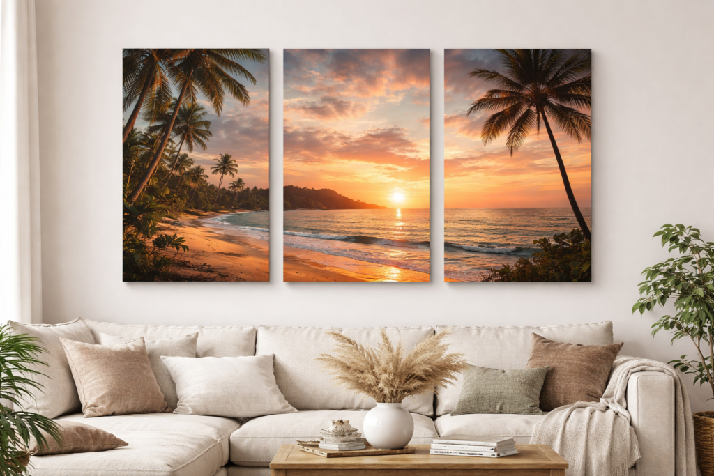 tropical sunset triptych in living room